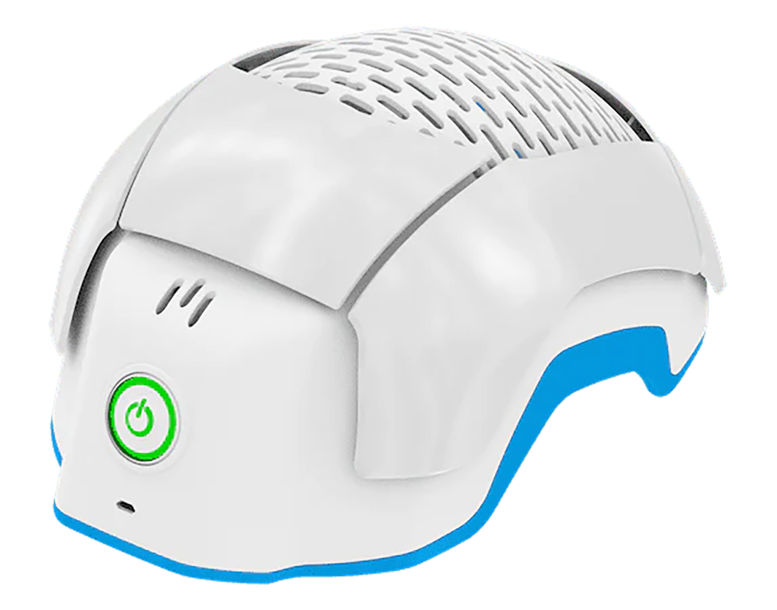 Theradome PRO LH80 FDA-cleared wireless laser hair regrowth helmet side view with white shell, blue trim, and illuminated red laser vents