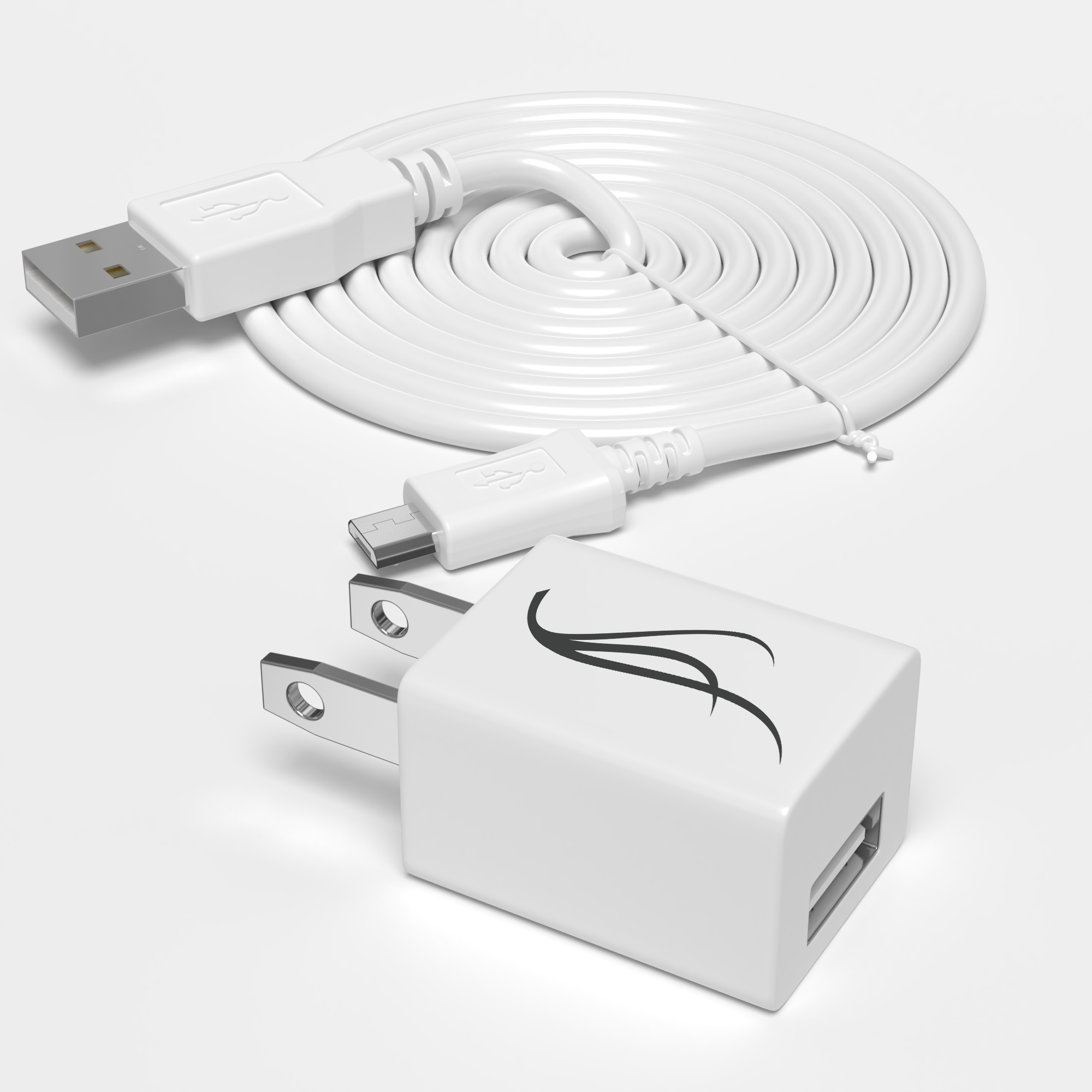 White USB charger with cable on a light gray background