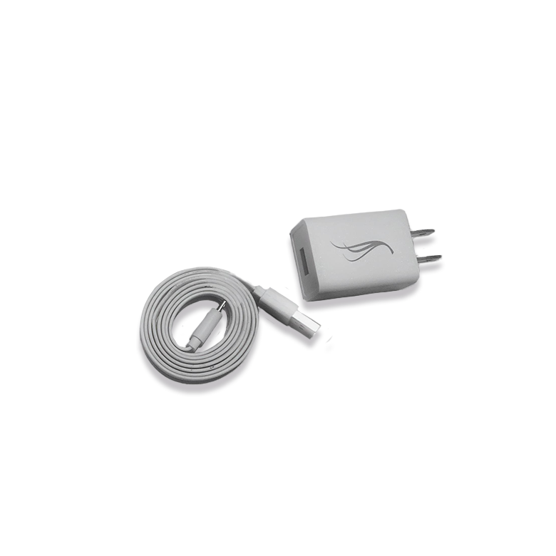 Silver charging cable and adapter on a white background