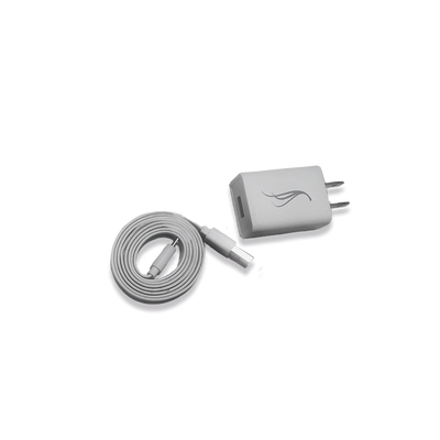 Silver charging cable and adapter on a white background